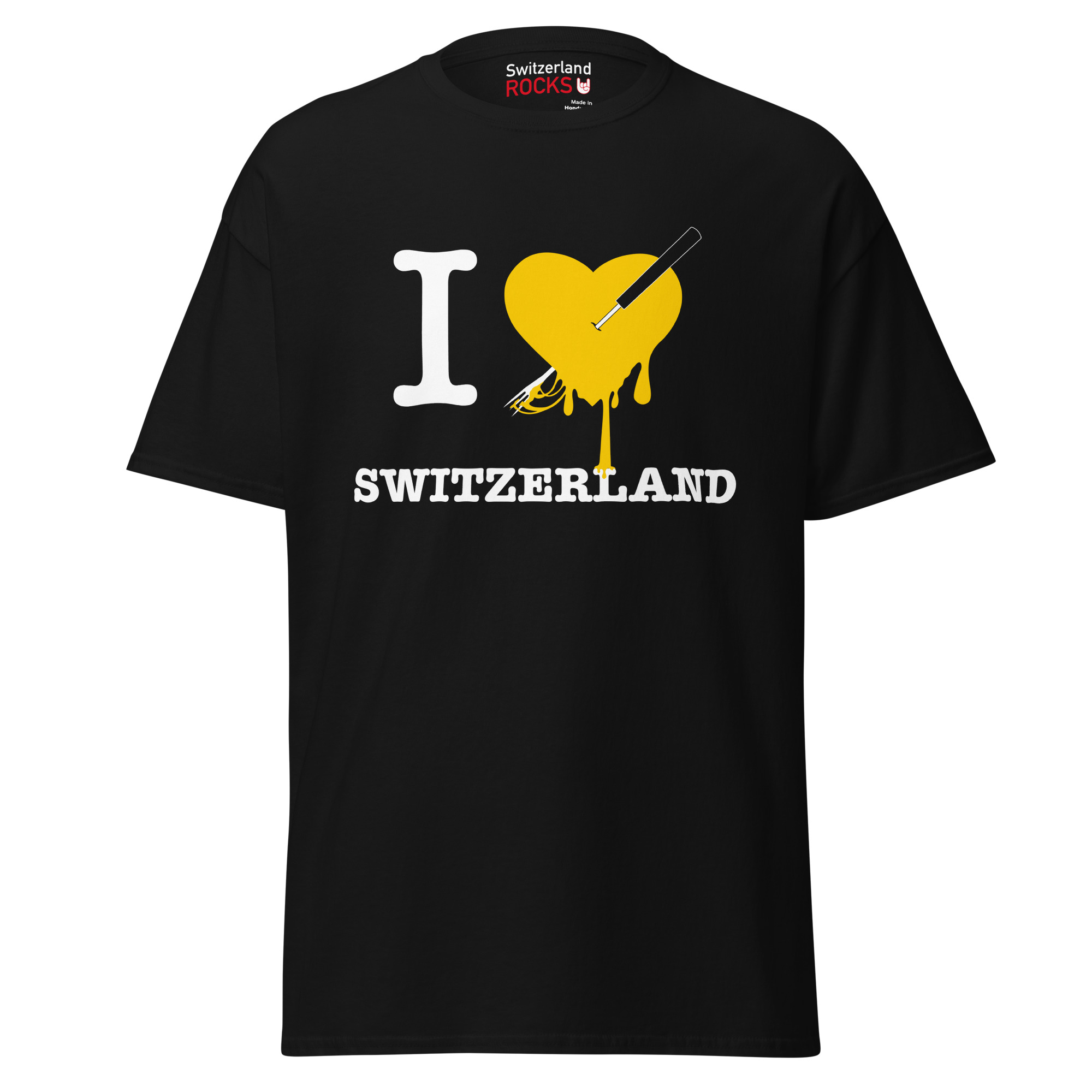Black T-shirt – Switzerland Rocks – Heart Fondue Men's Clothing Wearyt