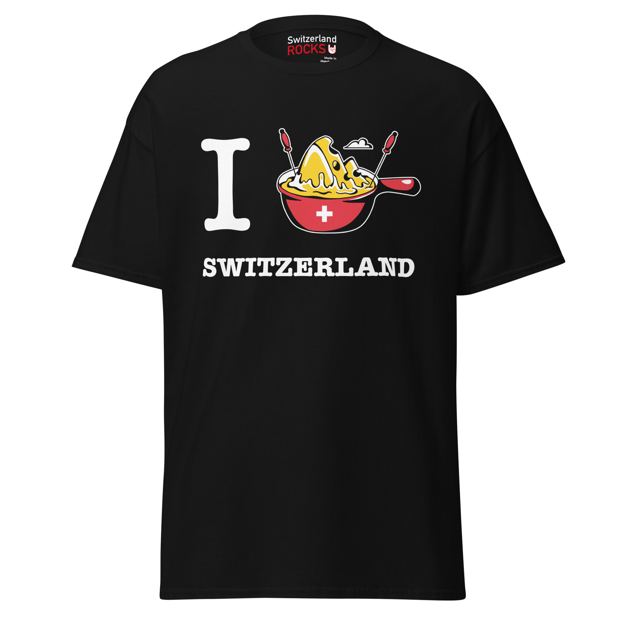 Black T-shirt – Switzerland Rocks – Fondue Men's Clothing Wearyt