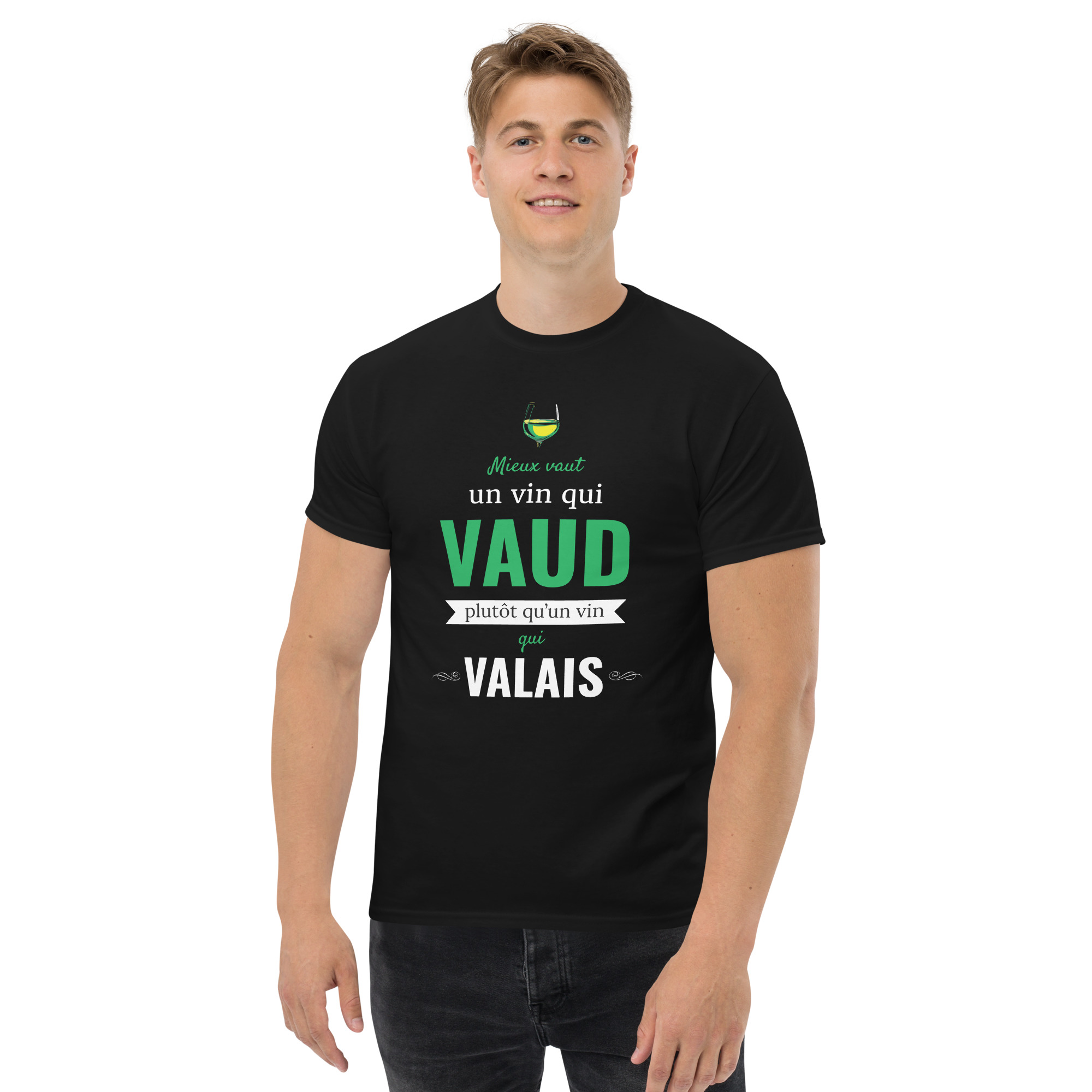 T-shirt – Les Vaudois – Mieux vaut un vin qui Vaud plutôt qu’un vin qui Valais Men's Clothing Wearyt